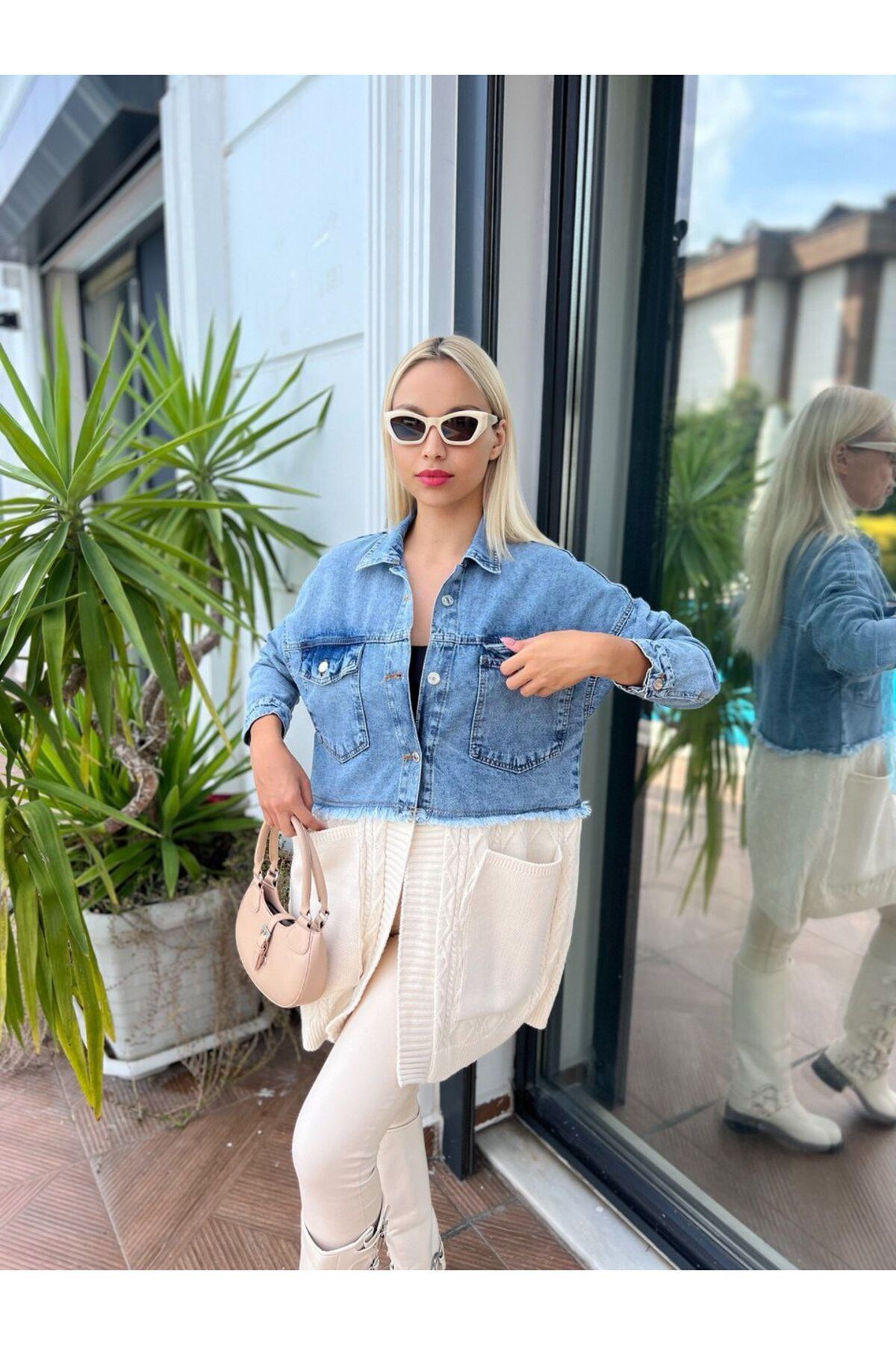 Saç Örgü Detaylı Triko Denim Ceket Saç Örgü Detaylı Triko Denim Ceket