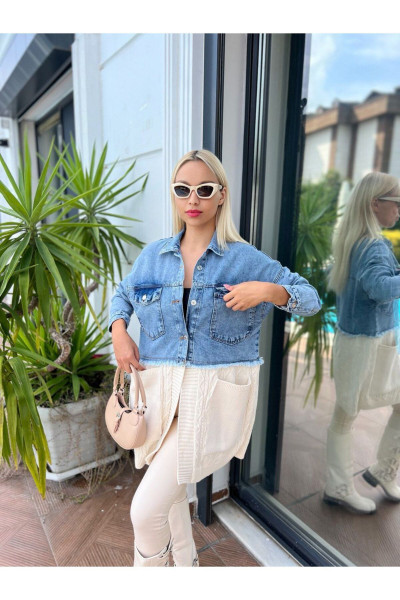 Saç Örgü Detaylı Triko Denim Ceket Saç Örgü Detaylı Triko Denim Ceket