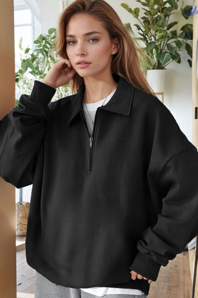 Kadın Siyah Yarım Fermuar Polo Yaka 3 Iplik Içi Polarlı Şardonlu Oversize Sweatshirt Kadın Siyah Yarım Fermuar Polo Yaka 3 Iplik Içi Polarlı Şardonlu Oversize Sweatshirt