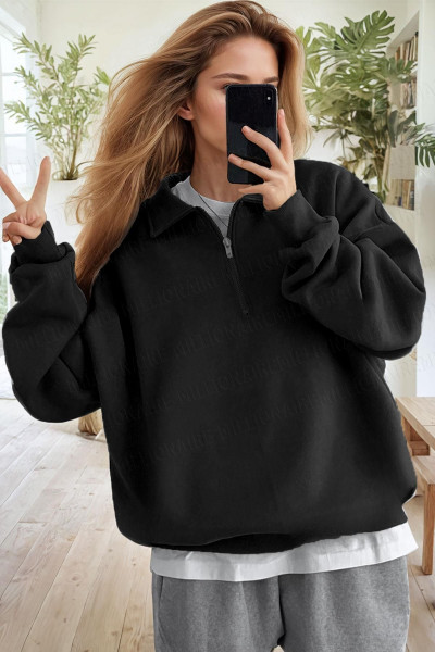 Kadın Siyah Yarım Fermuar Polo Yaka 3 Iplik Içi Polarlı Şardonlu Oversize Sweatshirt Kadın Siyah Yarım Fermuar Polo Yaka 3 Iplik Içi Polarlı Şardonlu Oversize Sweatshirt