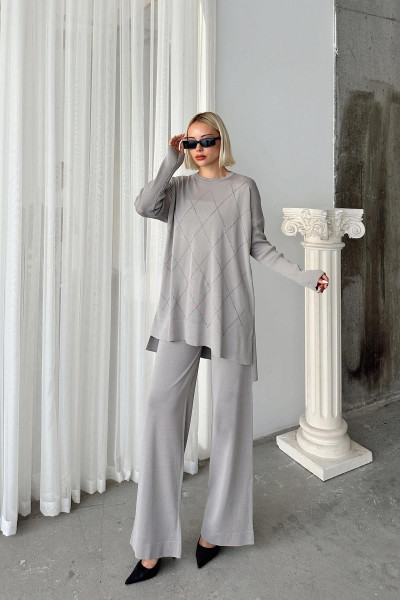 Taşlı Baklava Desenli Kazak Pantolon Triko Takım A.GRİ 24231-TK