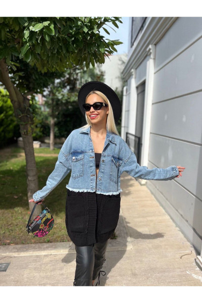 Saç Örgü Detaylı Triko Denim Ceket Saç Örgü Detaylı Triko Denim Ceket