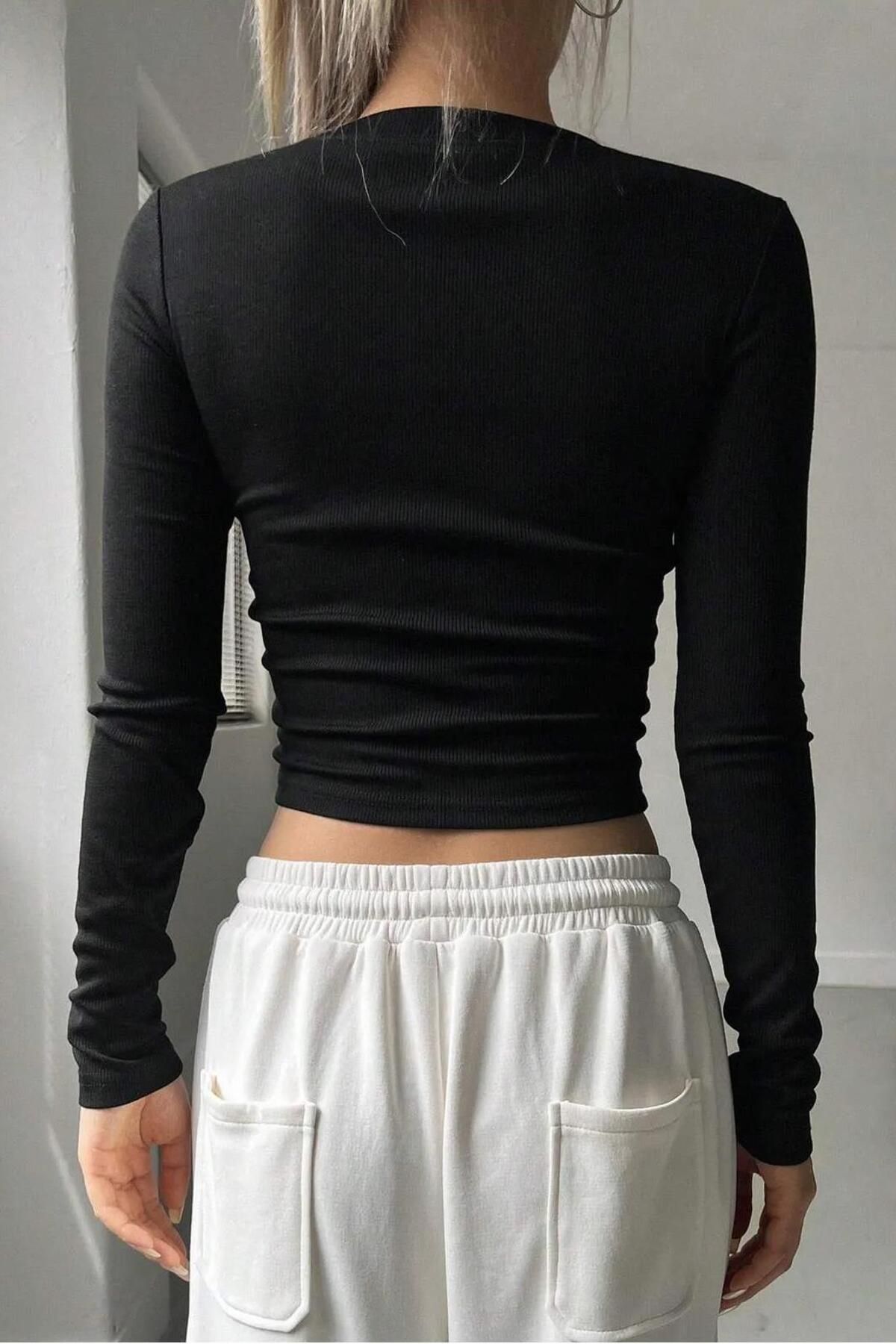 Kadın Uzun Kollu Fitilli Crop Bluz