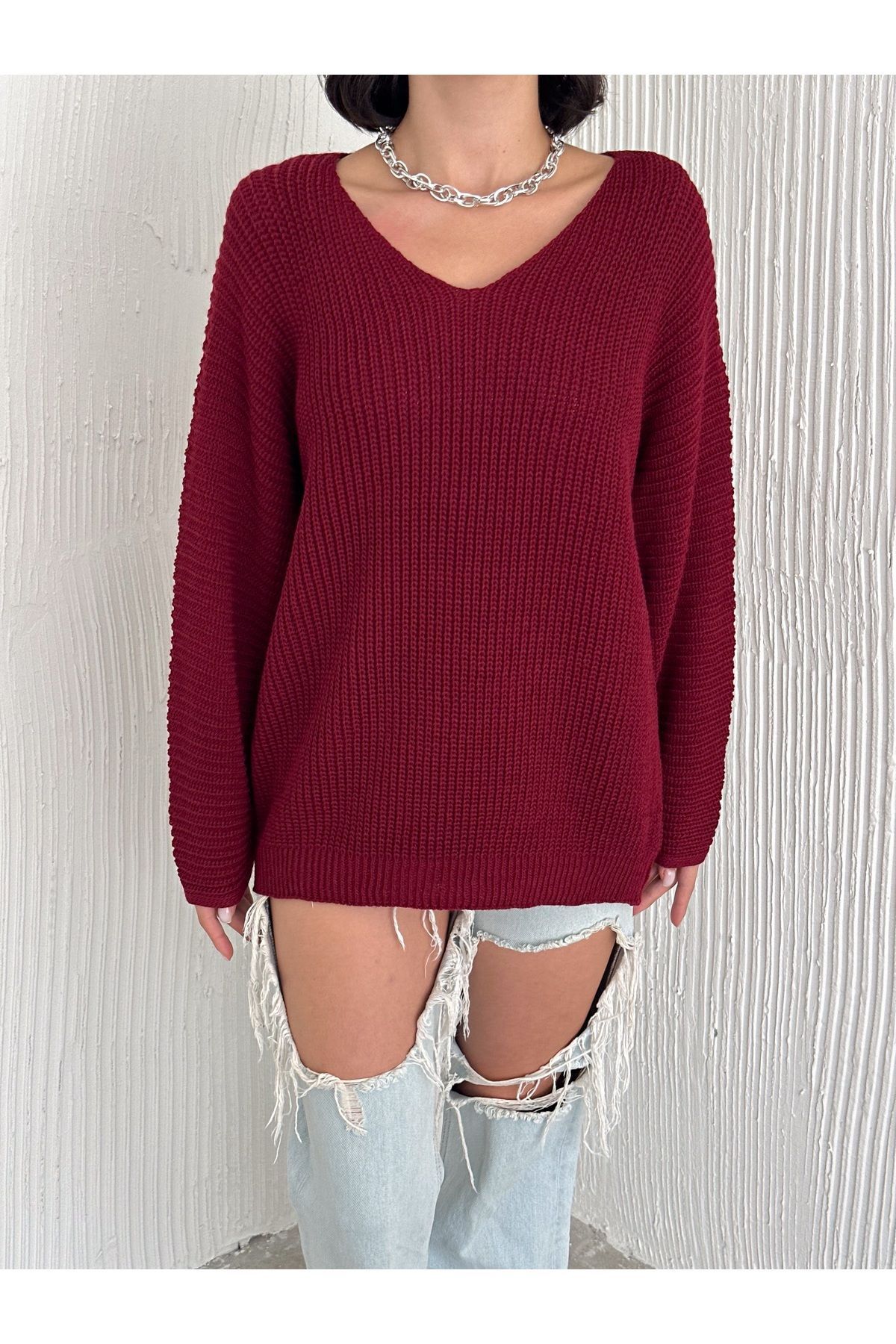 KadınV Yaka Selanik Örgü Oversize Triko Kazak KadınV Yaka Selanik Örgü Oversize Triko Kazak