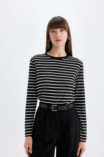 Regular Fit Bisiklet Yaka Çizgili Casual Uzun Kollu Tişört A9254ax24au