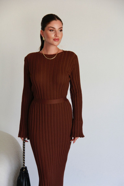 Kuşaklı İspanyol Kol Fitilli Triko Elbise