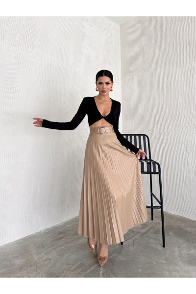 Krem Kemerli Pliseli Rahat Kalıp Likralı Deri Etek