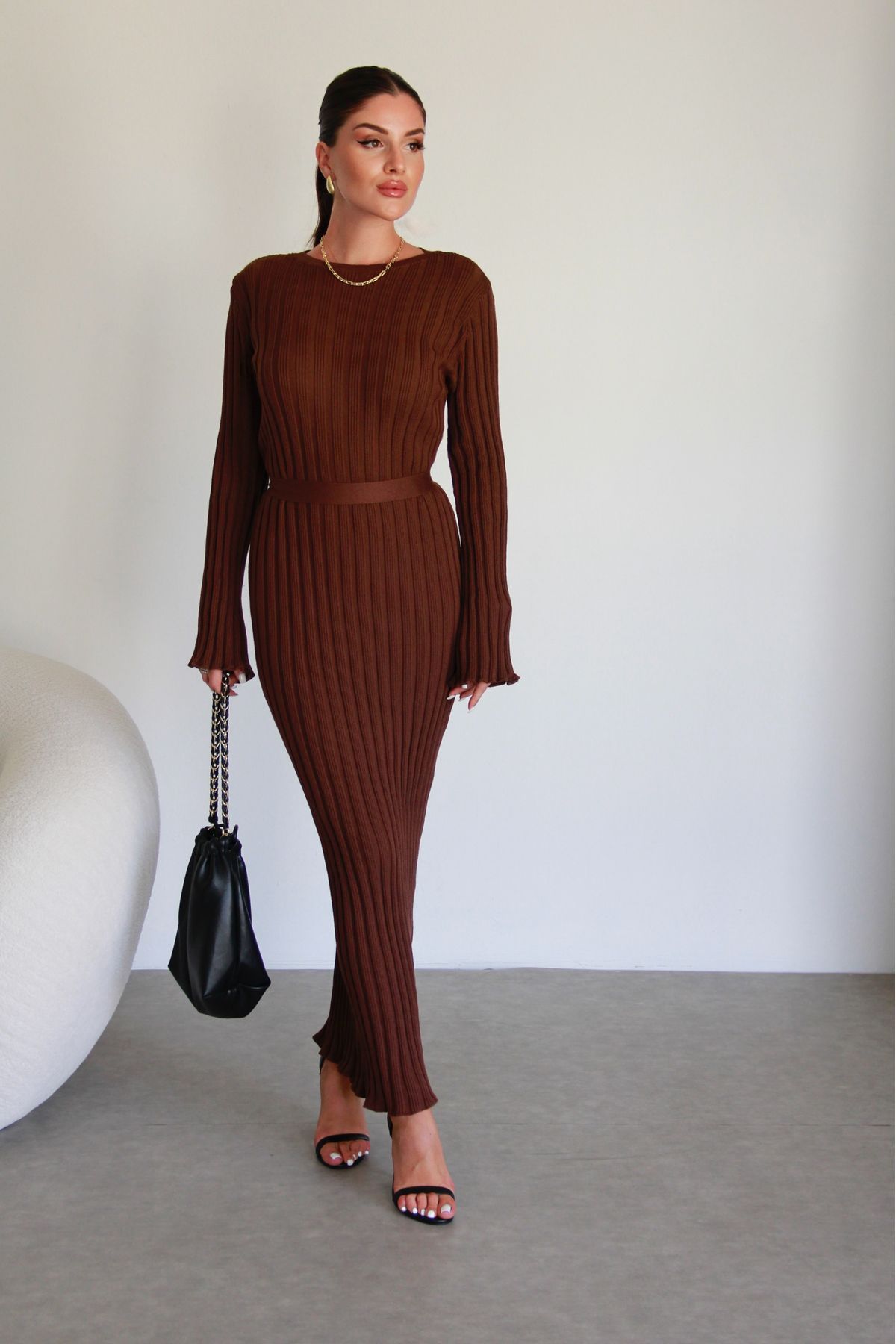 Kuşaklı İspanyol Kol Fitilli Triko Elbise