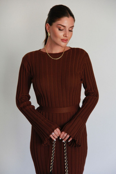 Kuşaklı İspanyol Kol Fitilli Triko Elbise