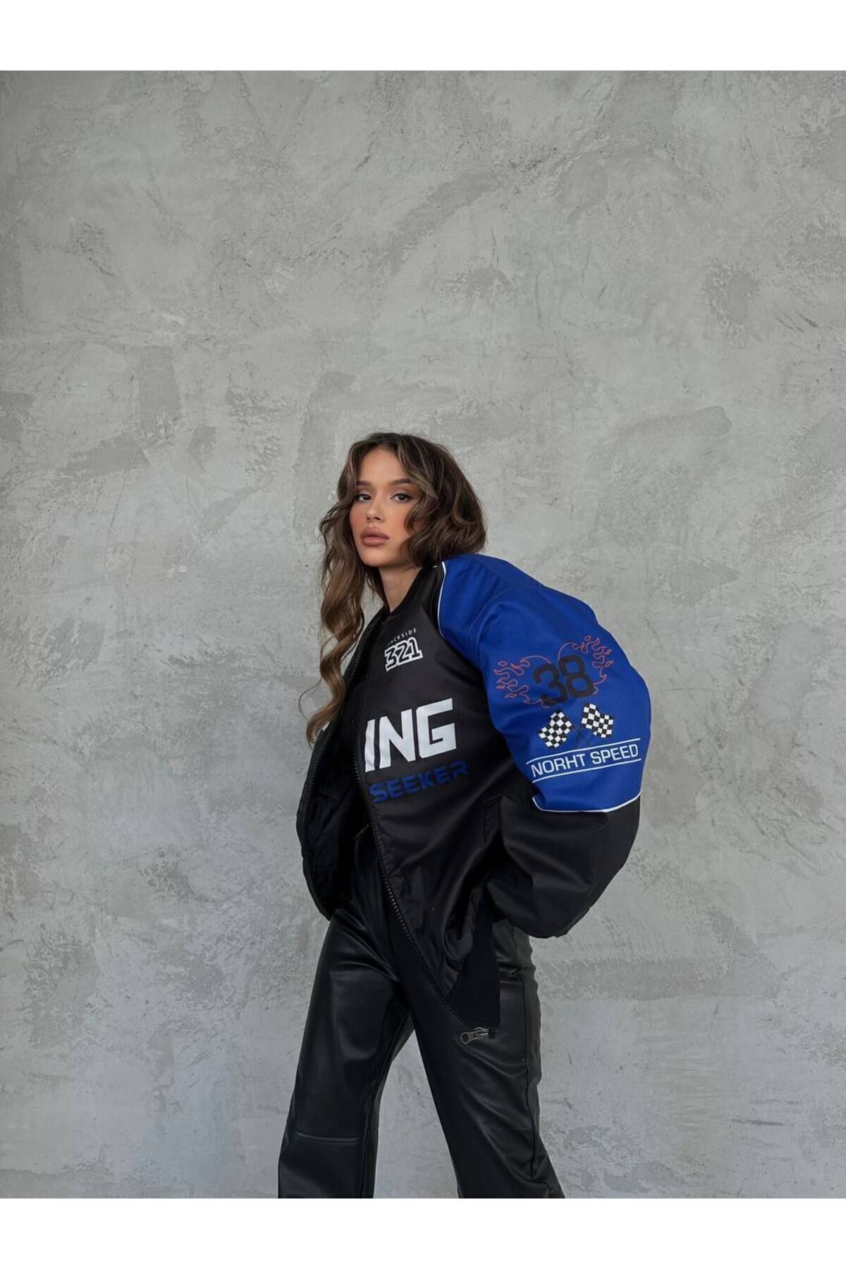 Unisex Oversize Racing Baskılı Yarışçı Bomber Ceket Unisex Oversize Racing Baskılı Yarışçı Bomber Ceket