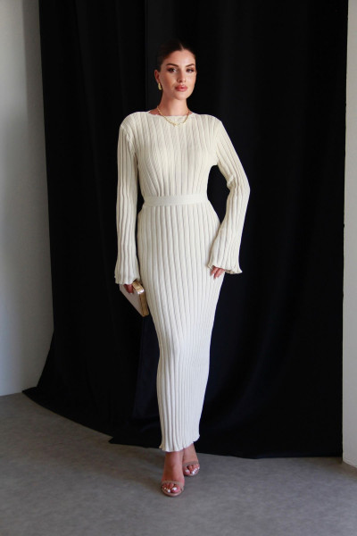 Kuşaklı İspanyol Kol Fitilli Triko Elbise