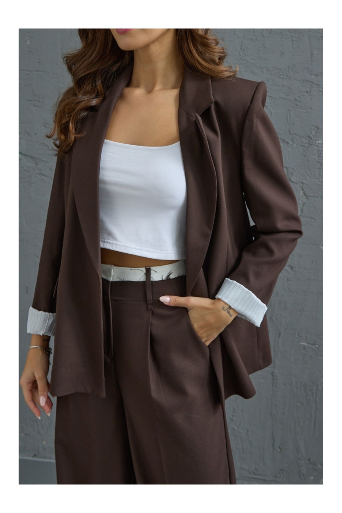 Kahve Kol Detaylı Blazer Ceket Kahve Kol Detaylı Blazer Ceket