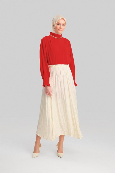 Kırışık Görünümlü Pileli Etek 24yd5601 Ekru Kırışık Görünümlü Pileli Etek 24yd5601 Ekru