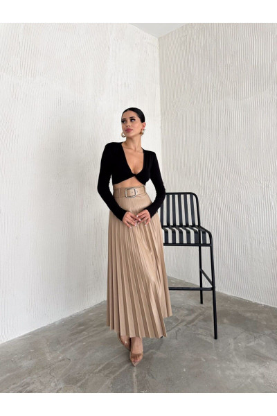 Krem Kemerli Pliseli Rahat Kalıp Likralı Deri Etek