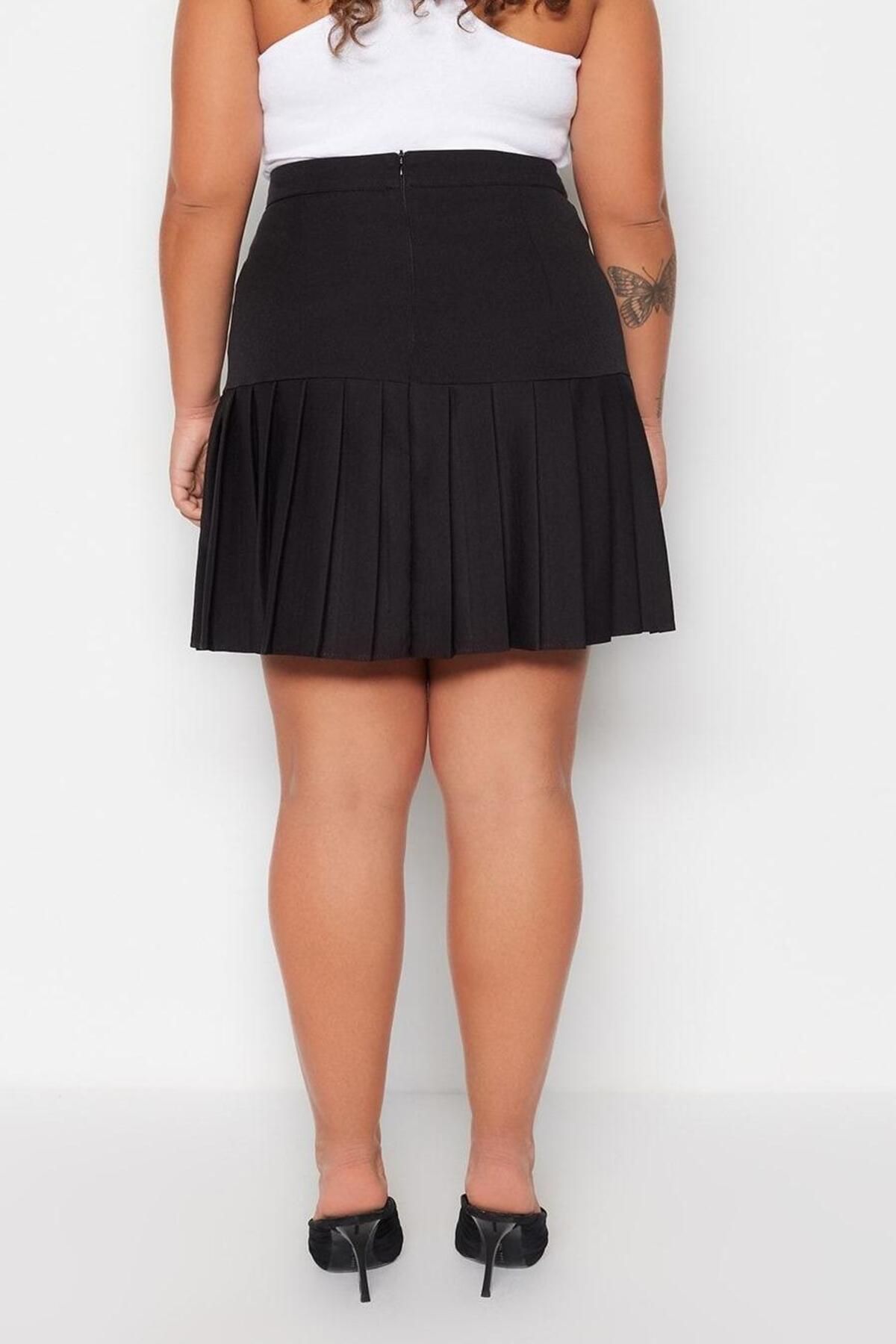 Moda Büyük Beden Regular Düz Desen Günlük Mini Boy Pilili Dokuma Etek Moda Büyük Beden Regular Düz Desen Günlük Mini Boy Pilili Dokuma Etek