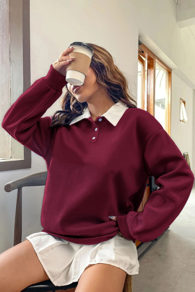 Kadın Retro Renk Bloklu Pamuklu Gömlek Yaka Sweatshirt Kadın Retro Renk Bloklu Pamuklu Gömlek Yaka Sweatshirt