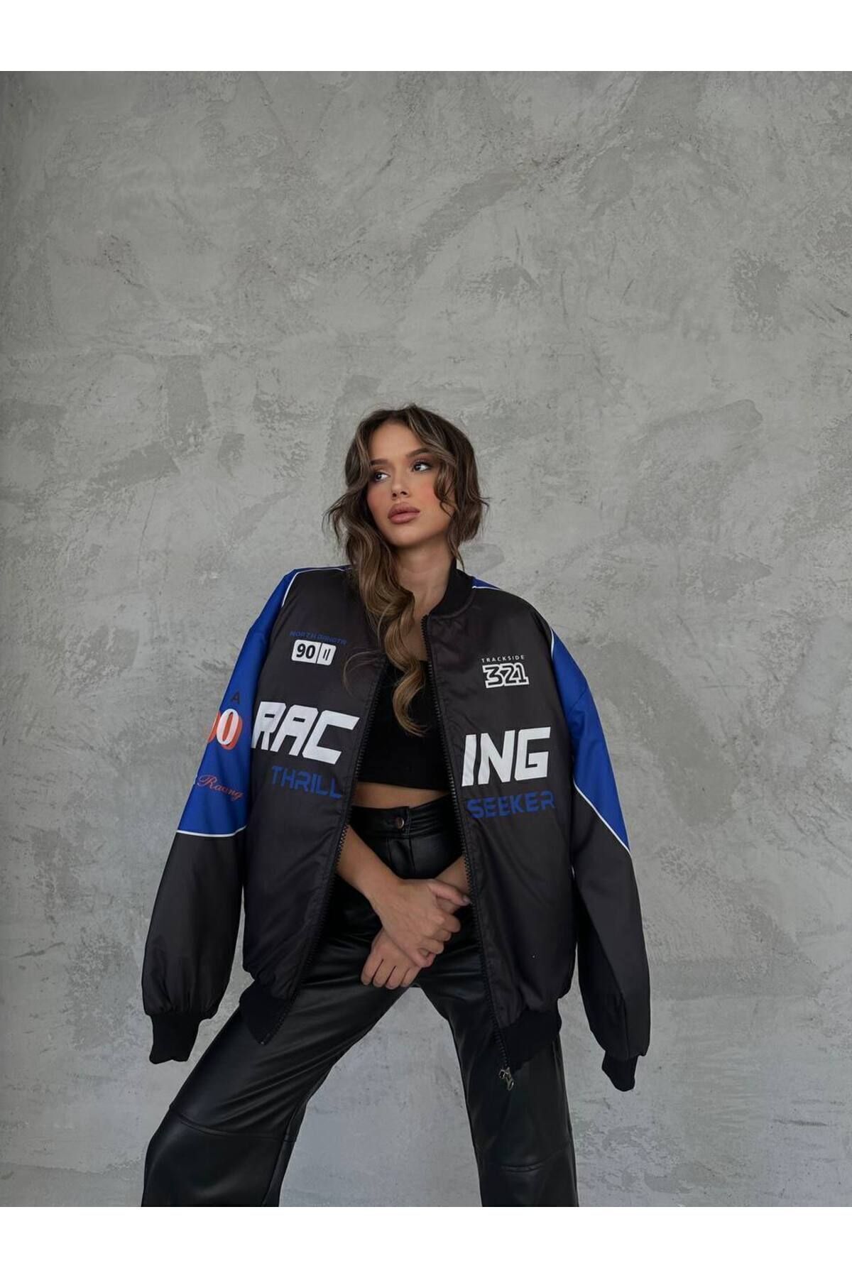 Unisex Oversize Racing Baskılı Yarışçı Bomber Ceket Unisex Oversize Racing Baskılı Yarışçı Bomber Ceket