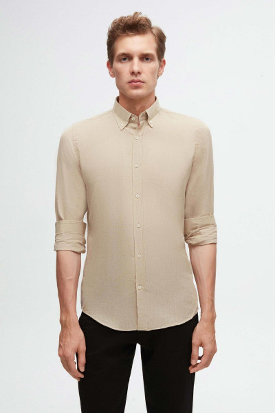 Slim Fit Bej Düğmeli Yaka %100 Pamuk Yazlık Flamlı Keten Görünümlü Gömlek Slim Fit Bej Düğmeli Yaka %100 Pamuk Yazlık Flamlı Keten Görünümlü Gömlek