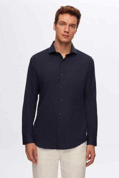 Slim Fit Lacivert Italyan Yaka Armürlü Uzun Kollu Kolay Ütülenebilir Nefes Alan Dört Mevsim Slim Fit Lacivert Italyan Yaka Armürlü Uzun Kollu Kolay Ütülenebilir Nefes Alan Dört Mevsim