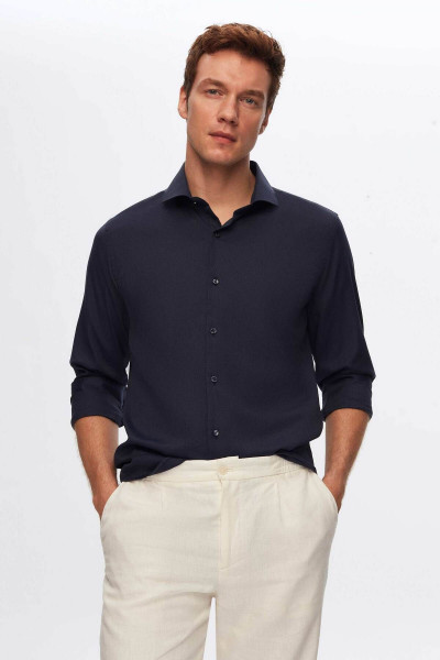 Slim Fit Lacivert Italyan Yaka Armürlü Uzun Kollu Kolay Ütülenebilir Nefes Alan Dört Mevsim Slim Fit Lacivert Italyan Yaka Armürlü Uzun Kollu Kolay Ütülenebilir Nefes Alan Dört Mevsim