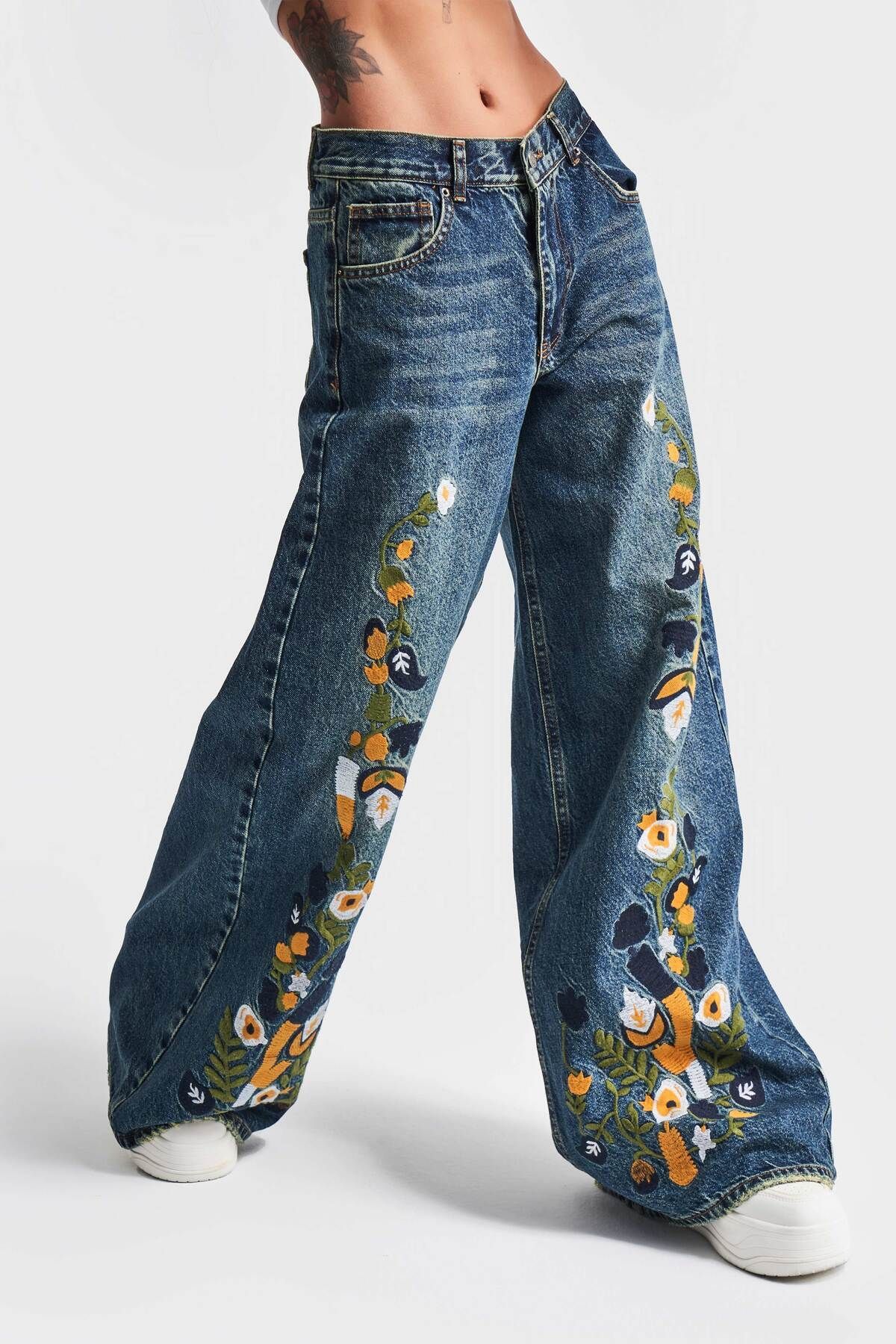 Kadın T.Kot Rengi Nakışlı Tasarım Palazzo Fit Denim Kadın T.Kot Rengi Nakışlı Tasarım Palazzo Fit Denim