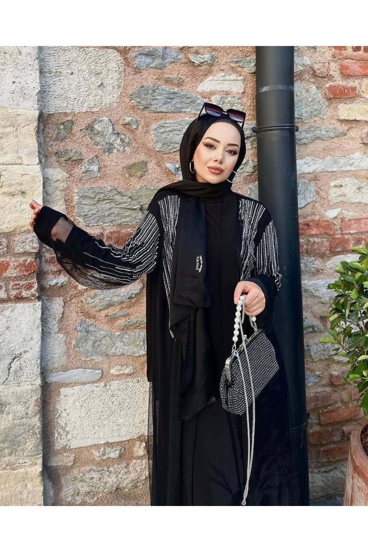 Kadın Taş İşlemeli Abaya Takım - Siyah l Kadın Taş İşlemeli Abaya Takım - Siyah l