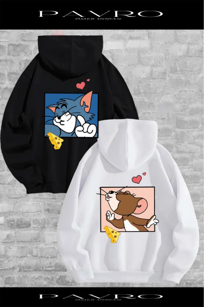 UNİSEX ÖPÜCÜKLÜ TOM VE JERRY BASKILI  Sevgili Çift Kombini Kapüşonlu Sweatshirt 2 ADET UNİSEX ÖPÜCÜKLÜ TOM VE JERRY BASKILI  Sevgili Çift Kombini Kapüşonlu Sweatshirt 2 ADET