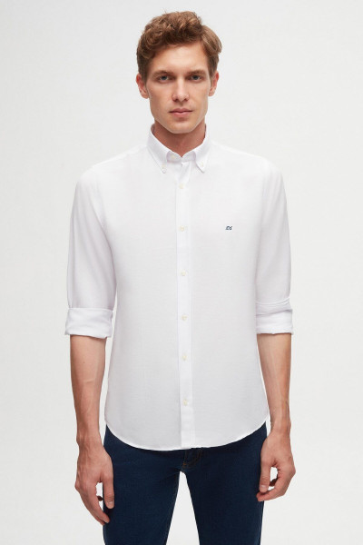 Slim Fit Beyaz Oxford Düğmeli Yaka Kolay Ütülenebilir Nakış Detaylı Pamuklu Gömlek Slim Fit Beyaz Oxford Düğmeli Yaka Kolay Ütülenebilir Nakış Detaylı Pamuklu Gömlek