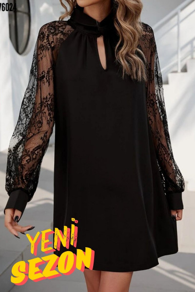 Kadın Uzun Kollu Tül Detay Mini Elbise Kadın Uzun Kollu Tül Detay Mini Elbise