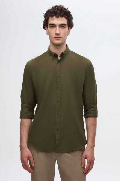 Slim Fit Haki Düğmeli Yaka %100 Pamuk Yazlık Flamlı Keten Görünümlü Gömlek Slim Fit Haki Düğmeli Yaka %100 Pamuk Yazlık Flamlı Keten Görünümlü Gömlek