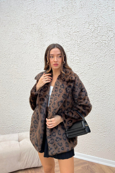 Kahve Leopar Desenli Astarlı Peluş kaban Kahve Leopar Desenli Astarlı Peluş kaban