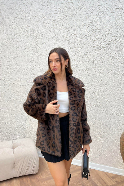 Kahve Leopar Desenli Astarlı Peluş kaban Kahve Leopar Desenli Astarlı Peluş kaban