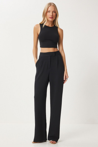 Kadın Siyah Beli Cırtlı Rahat Dokuma Pantolon RV00150 Kadın Siyah Beli Cırtlı Rahat Dokuma Pantolon RV00150