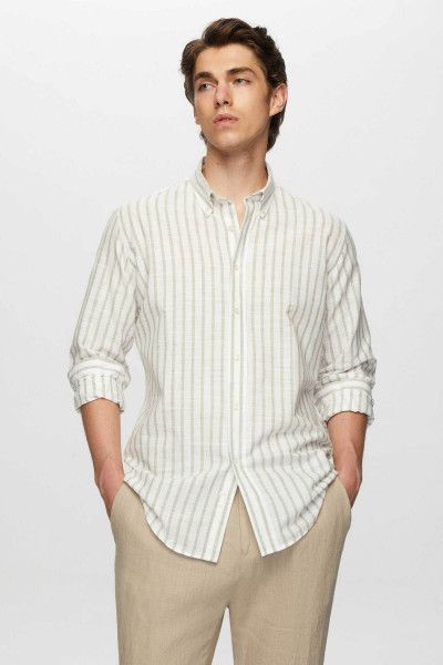 Slim Fit Yeşil Çizgili Düğmeli Yaka %100 Pamuk Flamlı Yazlık Keten Görünümlü Gömlek Slim Fit Yeşil Çizgili Düğmeli Yaka %100 Pamuk Flamlı Yazlık Keten Görünümlü Gömlek