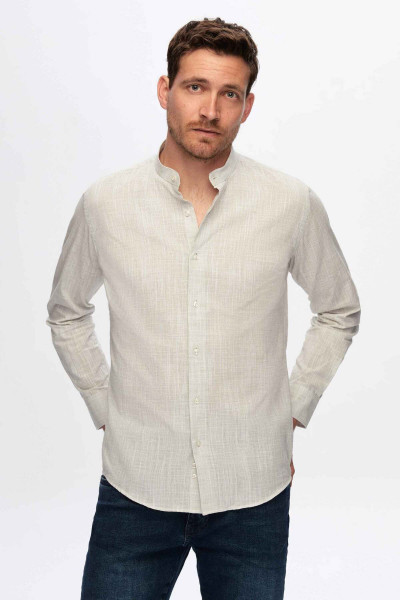 Slim Fit Yeşil Keten Görünümlü Hakım Yaka %100 Pamuk Flamlı Gömlek Slim Fit Yeşil Keten Görünümlü Hakım Yaka %100 Pamuk Flamlı Gömlek