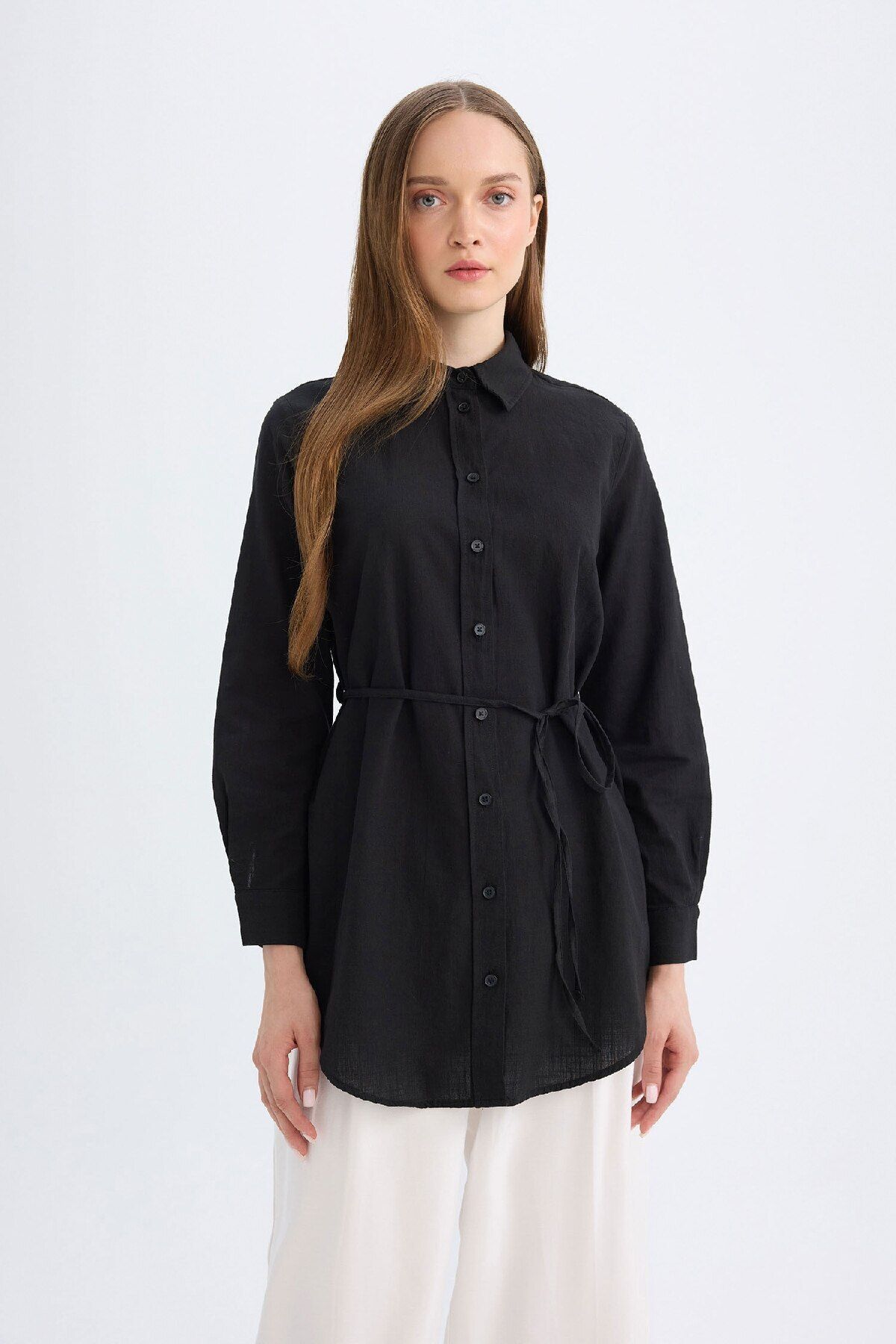 Regular Fit Poplin Basic Düz Uzun Kollu Siyah Gömlek Tunik D4160ax24au