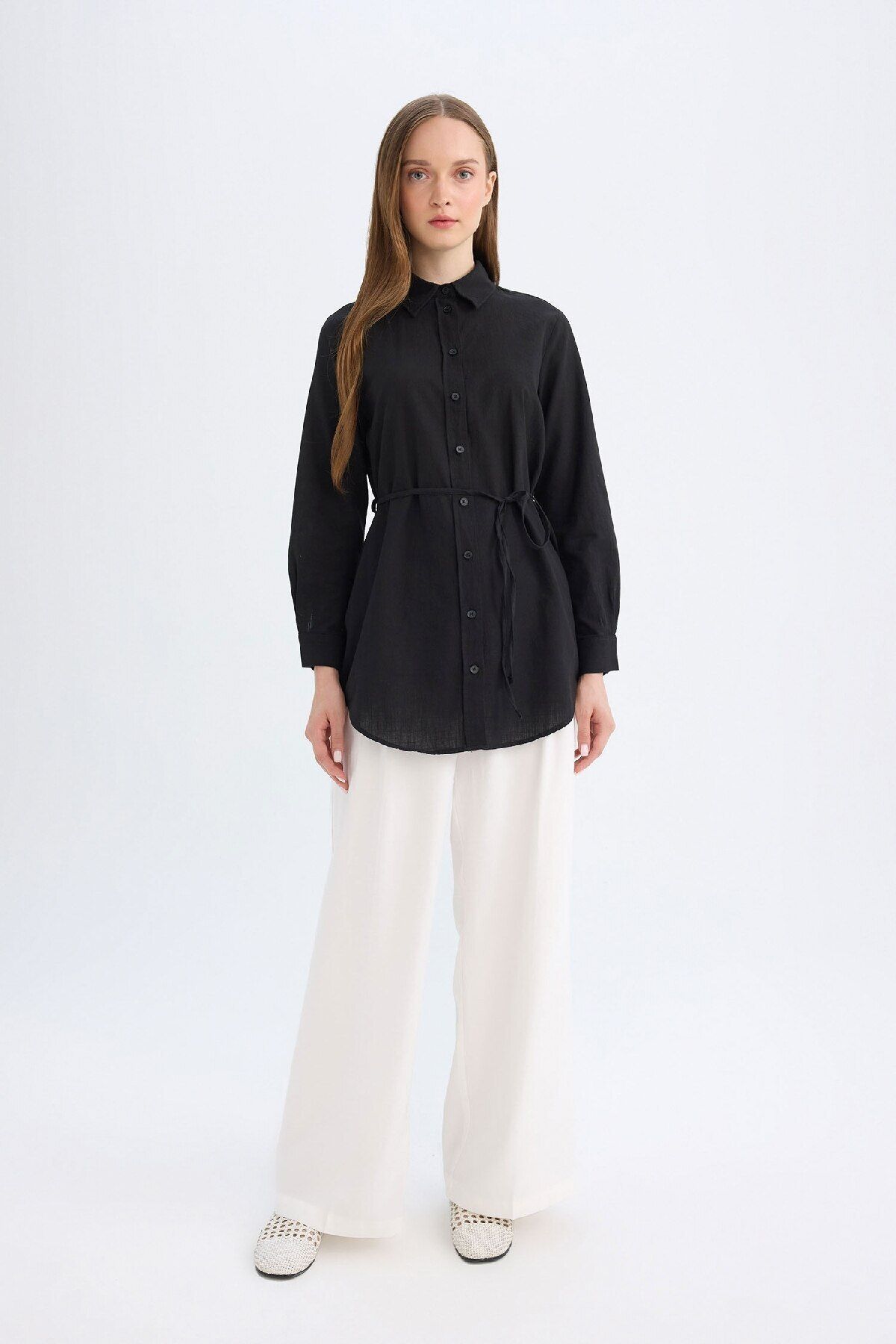 Regular Fit Poplin Basic Düz Uzun Kollu Siyah Gömlek Tunik D4160ax24au