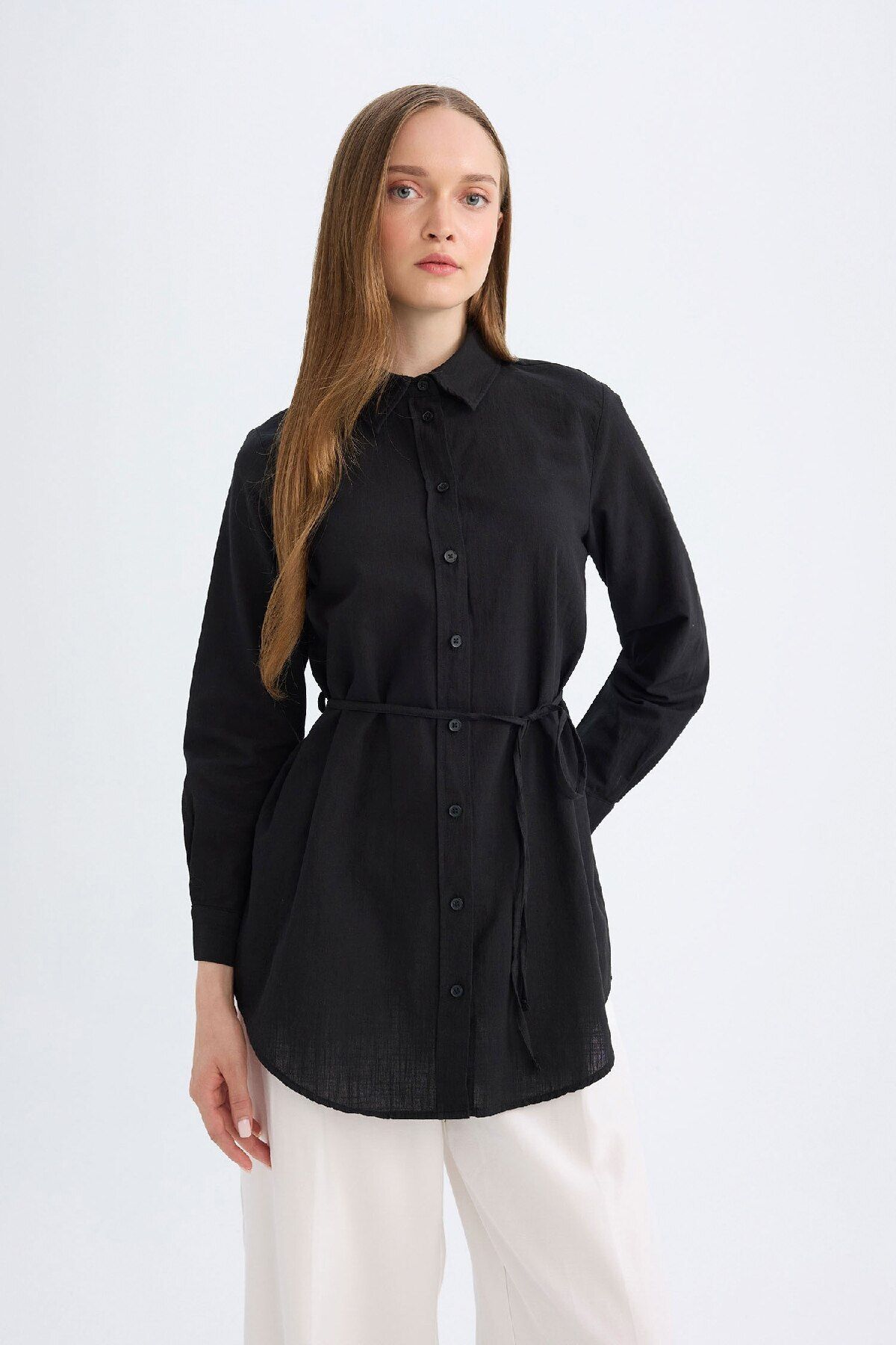 Regular Fit Poplin Basic Düz Uzun Kollu Siyah Gömlek Tunik D4160ax24au