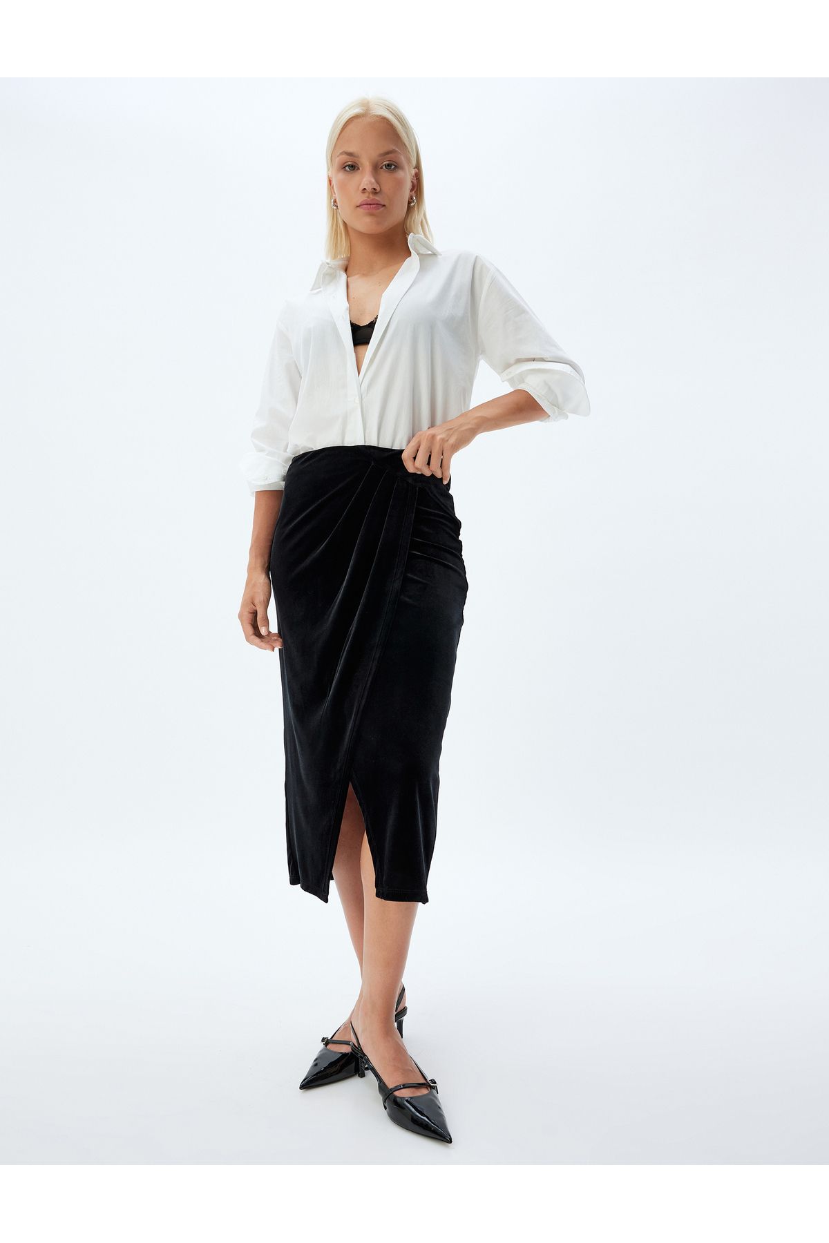 Kruvaze Kadife Etek Midi Boy Asimetrik Slim Fit Kruvaze Kadife Etek Midi Boy Asimetrik Slim Fit