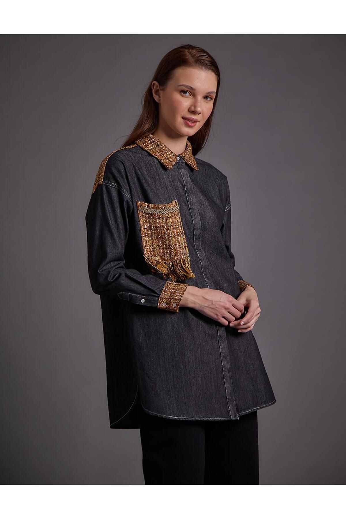 Tüvit Ve Denim Garnili Tunik Siyah Tüvit Ve Denim Garnili Tunik Siyah