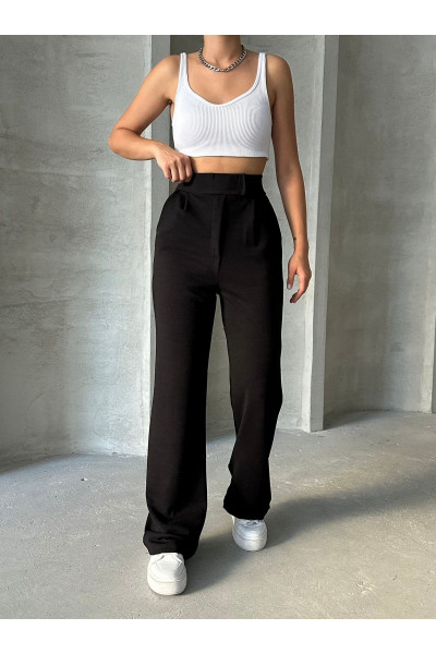 Kadın Siyah Cırtlı Likralı Palazzo Pantolon Kadın Siyah Cırtlı Likralı Palazzo Pantolon