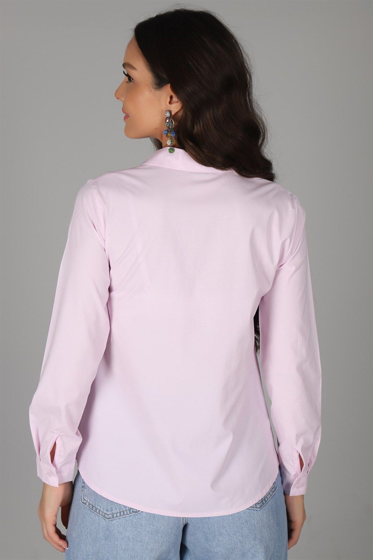 Kadın Pembe Likralı Uzun Kol Pamuklu Klasik Gömlek Kadın Pembe Likralı Uzun Kol Pamuklu Klasik Gömlek