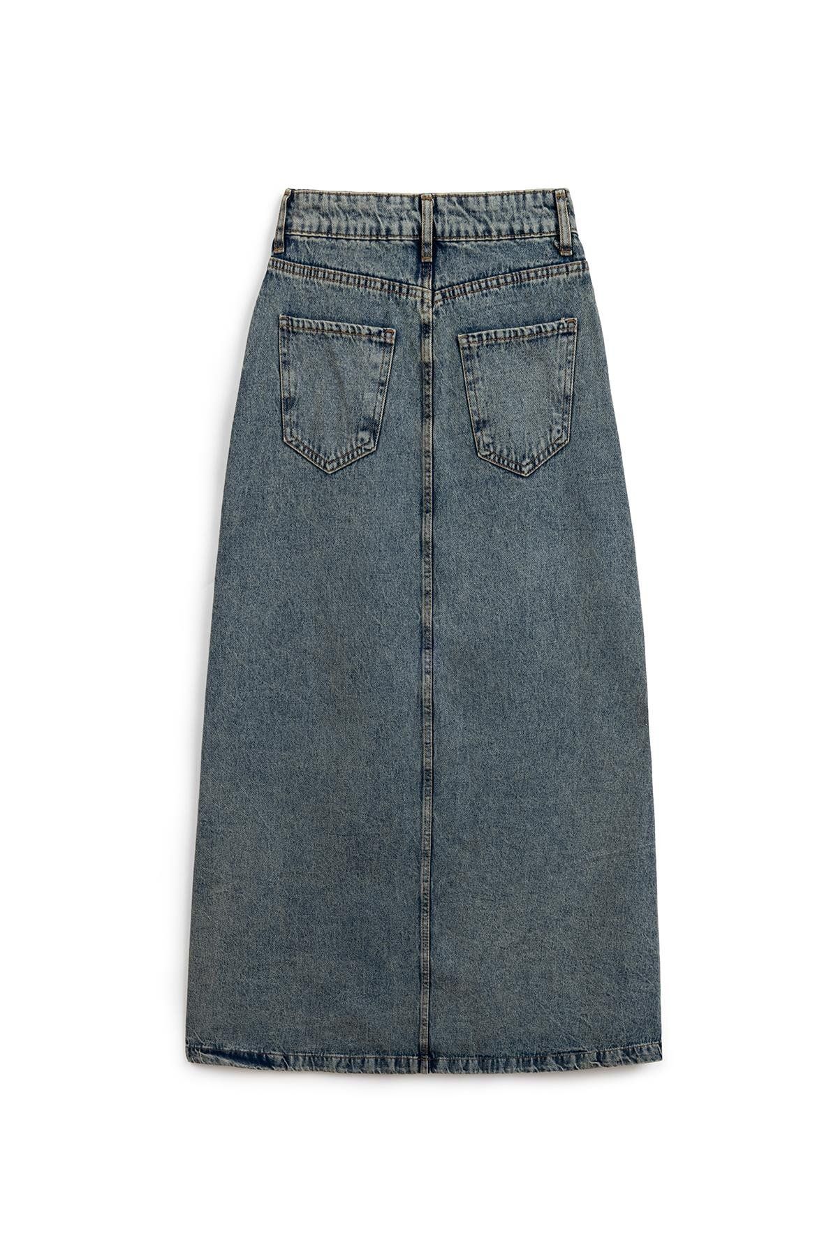 Uzun Çan Denim Etek Eskitme Kot Uzun Çan Denim Etek Eskitme Kot
