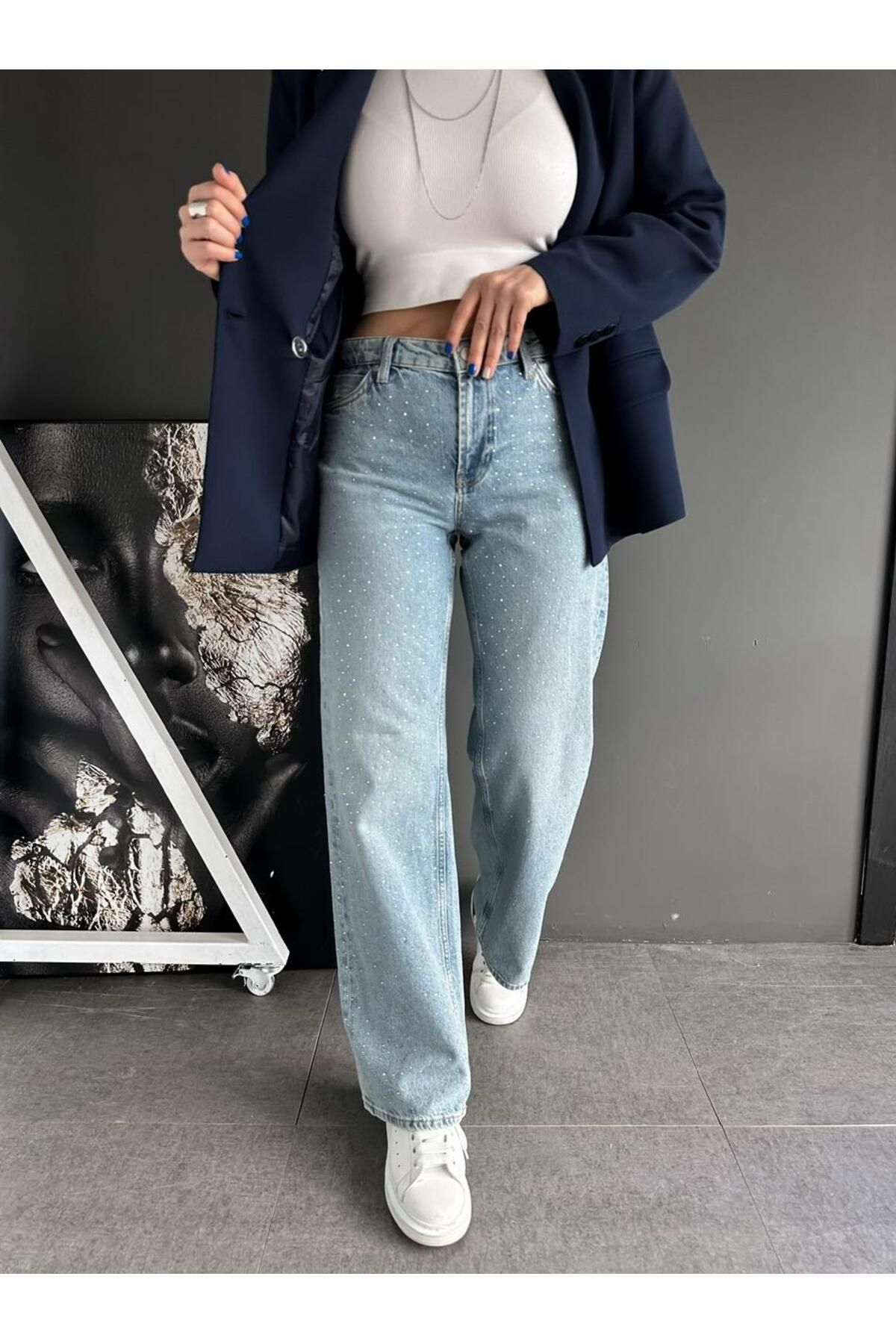 Mavi Serpme Taşlı Jean Mavi Serpme Taşlı Jean