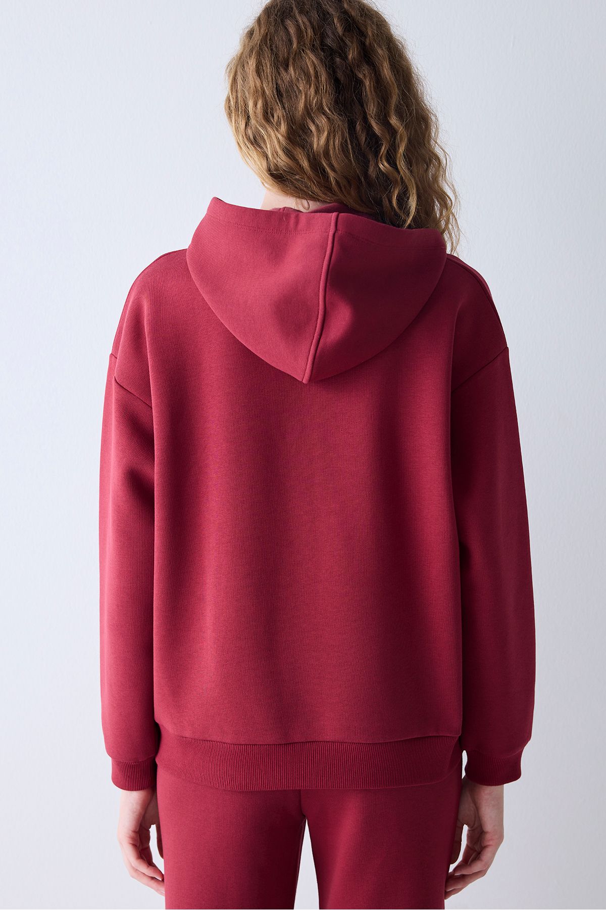 Bordo Kapüşonlu Oversize Şardonlu Sweatshirt