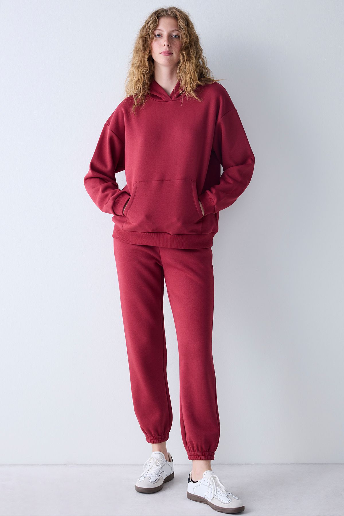 Bordo Kapüşonlu Oversize Şardonlu Sweatshirt