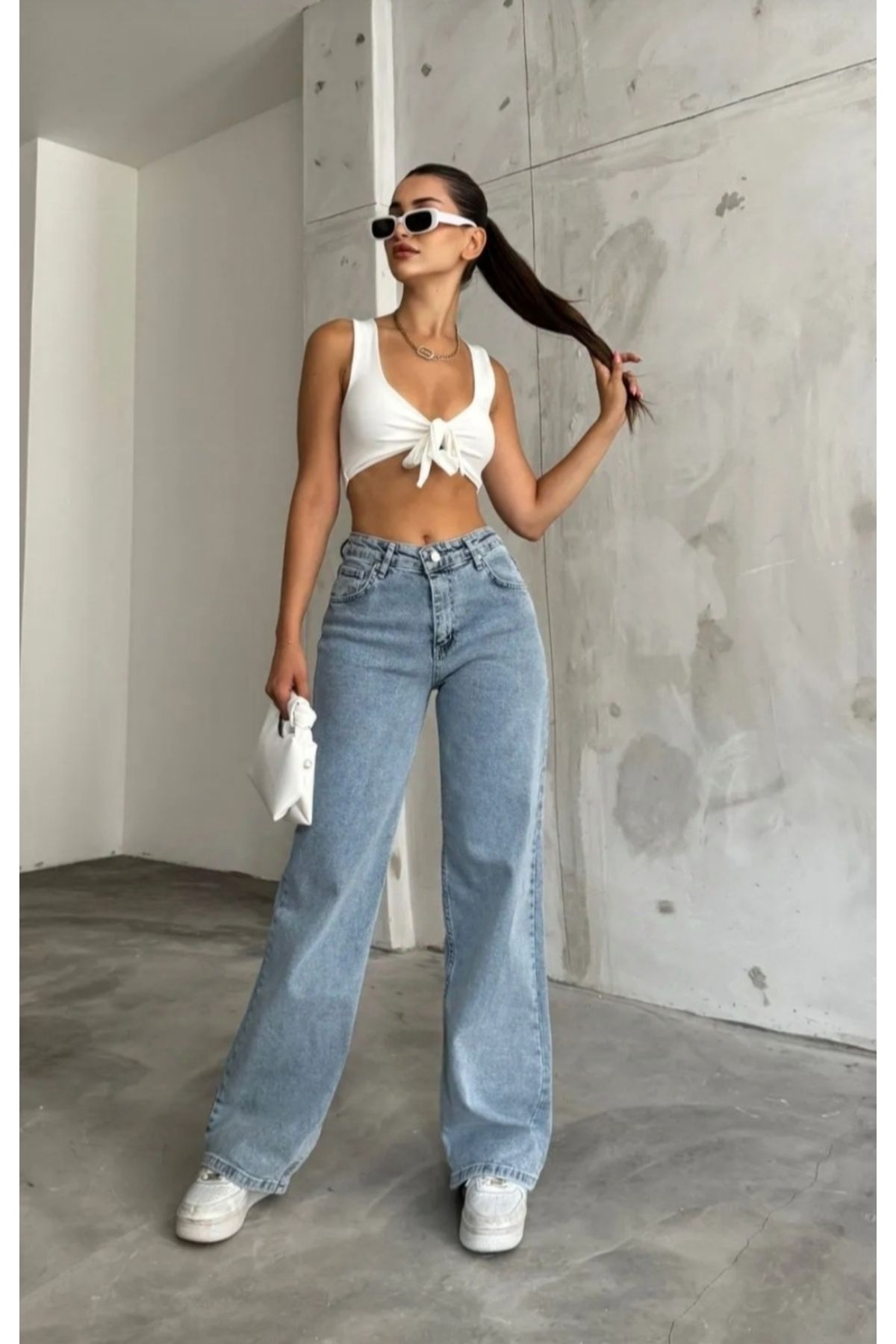 Alula Kadın Mavi Kar Yıkama Yüksel Bel Wide Leg Palazzo Jeans Pantolon