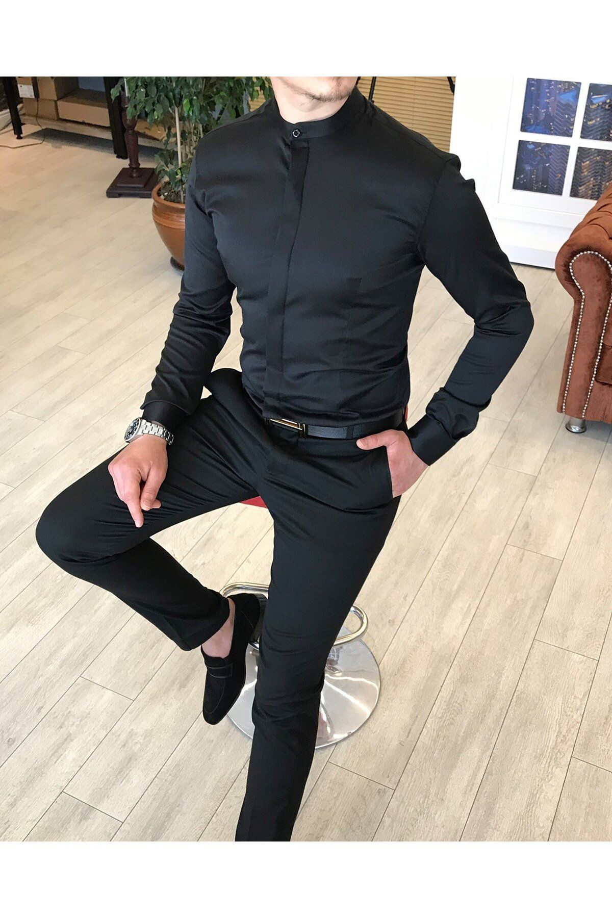 İtalyan Kesim Slim Fit Erkek Hakim Yaka Gömlek Siyah T4795