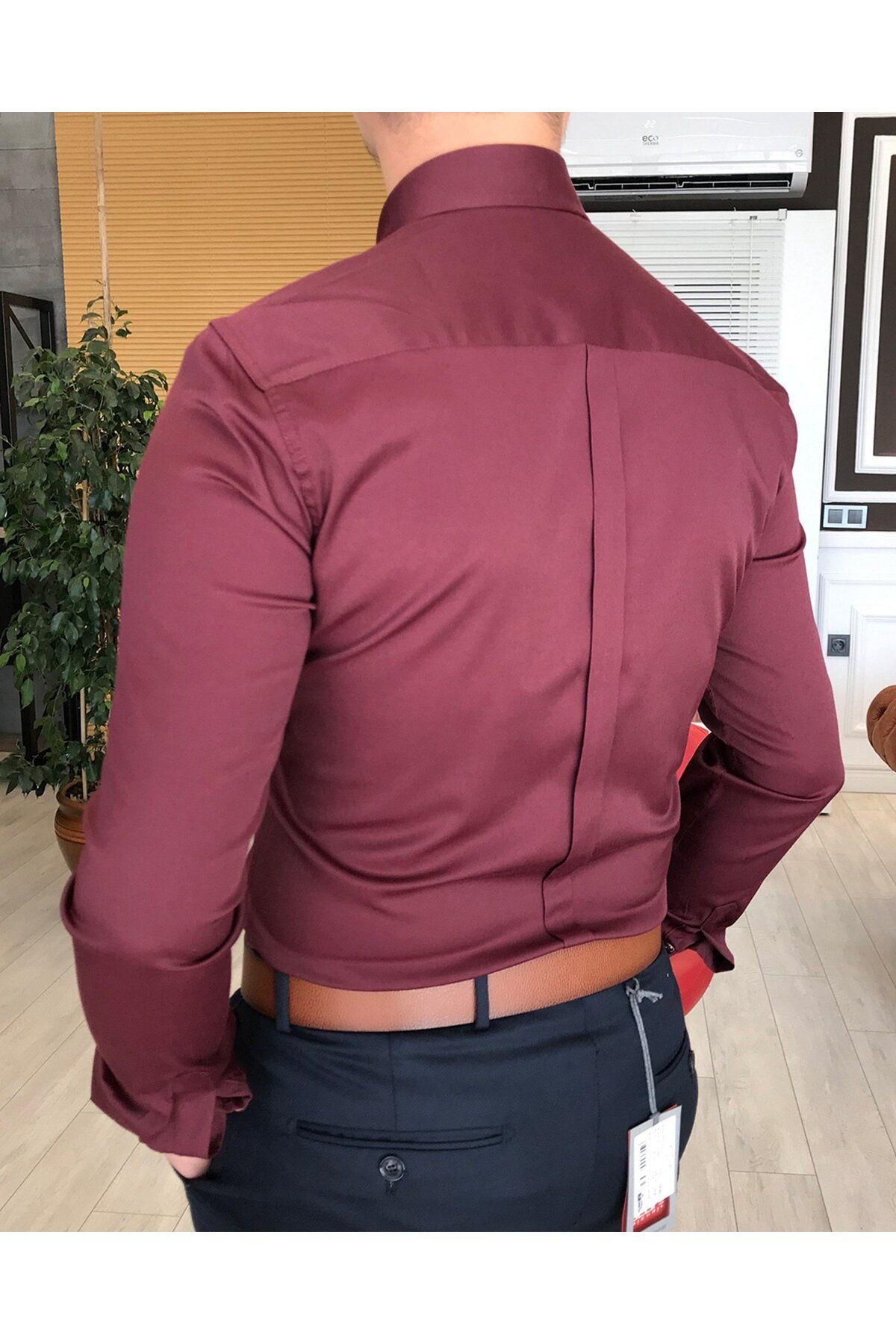 Italyan Stil Slim Fit Dik Yaka Saten Erkek Gömlek Bordo T4742