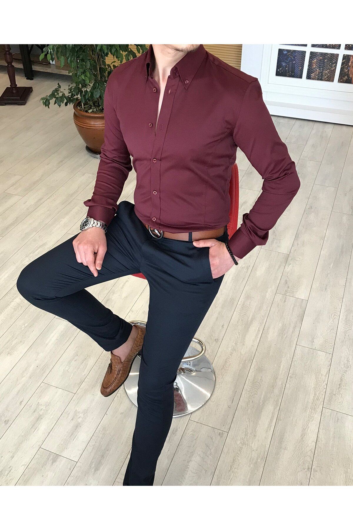 Italyan Stil Slim Fit Dik Yaka Saten Erkek Gömlek Bordo T4742